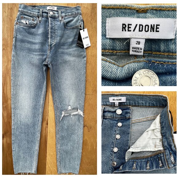 RE/DONE 90s HIGH RISE ANKLE CROP BUTTON FLY JEANS WOMEN’S sz 28 Frayed Hem NWT - Picture 1 of 16